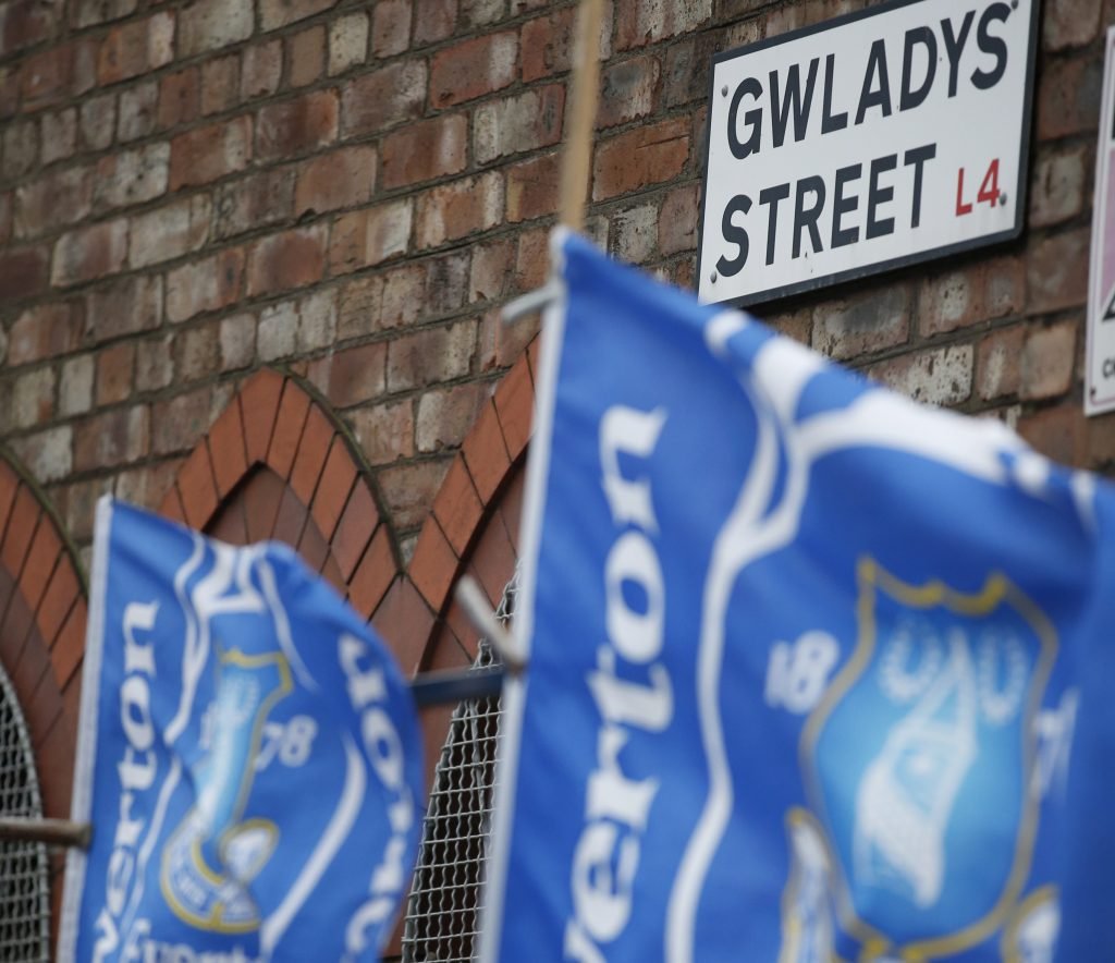 Everton flags adorn Gwladys Street ahead of a Toffees home game