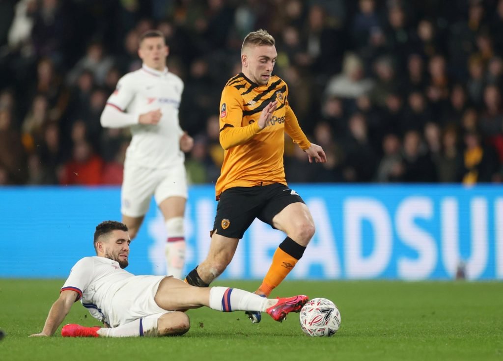 Chelsea's Mateo Kovacic fouls Hull City's Jarrod Bowen and is subsequently shown a yellow card by referee Craig Pawson