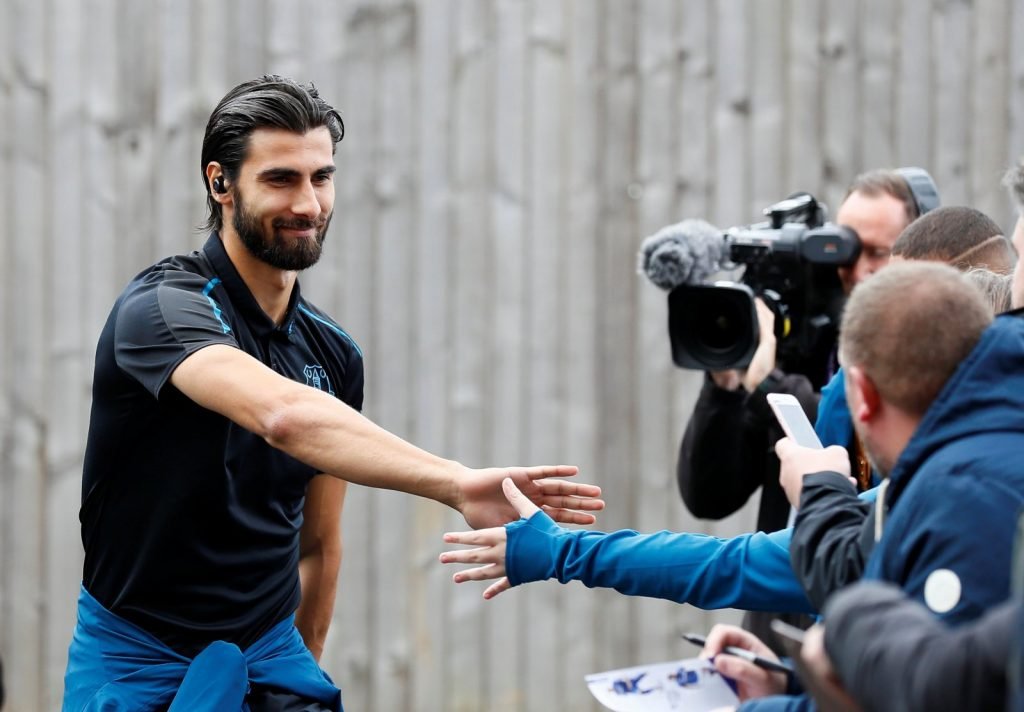 Everton's Andre Gomes with fans outside Turf Moor before the Burnley match