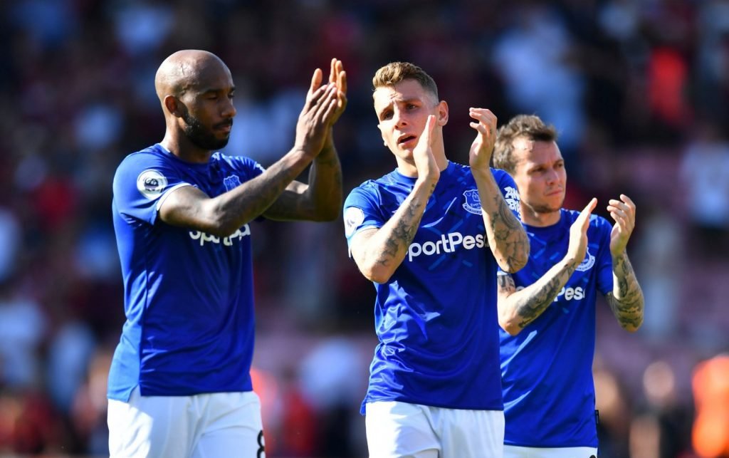 Everton's Fabian Delph, Lucas Digne and Bernard applaud the fans after the AFC Bournemouth match