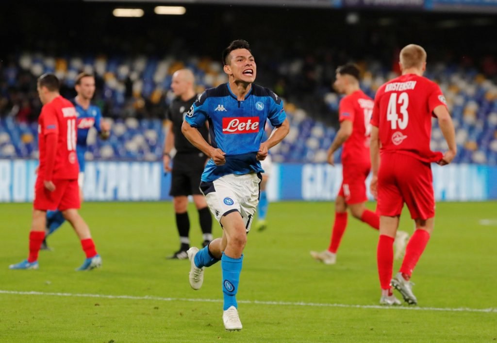 Napoli's Hirving Lozano celebrates scoring their first goal v FC Salzburg - Champions League - Group E