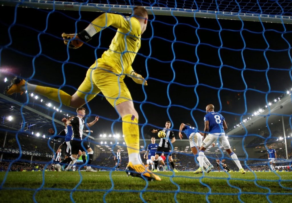Newcastle United's Florian Lejeune scores their second goal v Everton
