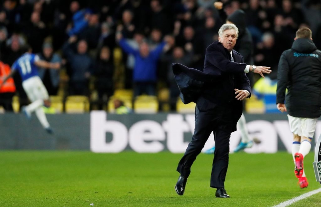 Everton manager Carlo Ancelotti celebrates their third goal v Watford