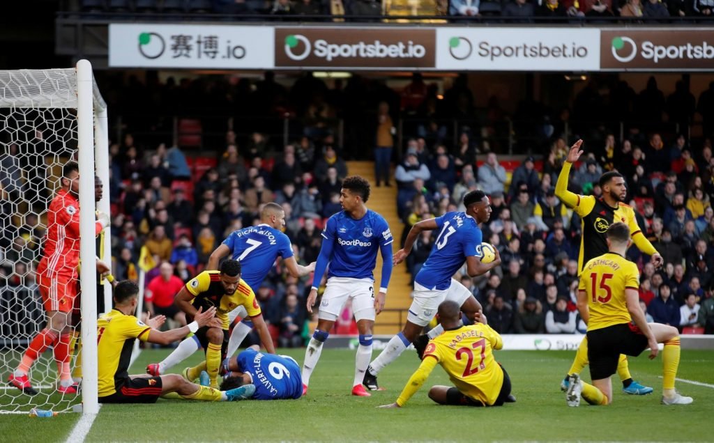 Everton's Yerry Mina celebrates scoring their first goal v Watford