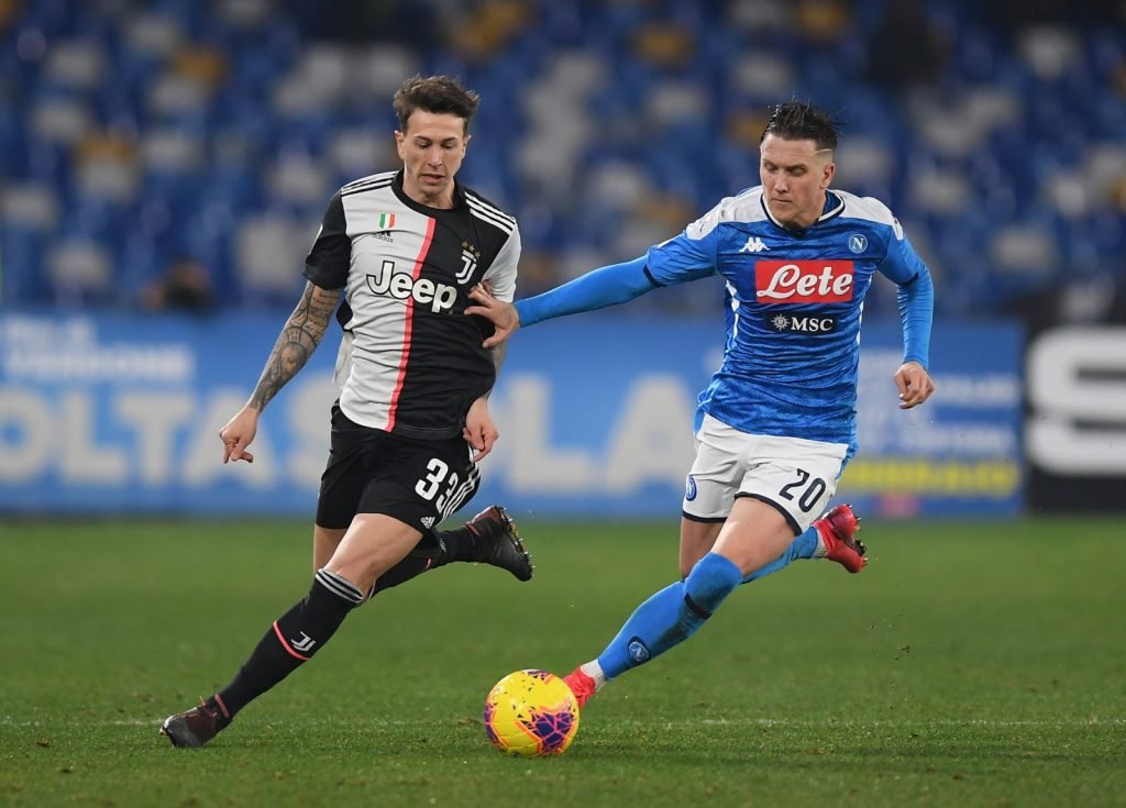 Juventus' Federico Bernardeschi in action with Napoli's Piotr Zielinski