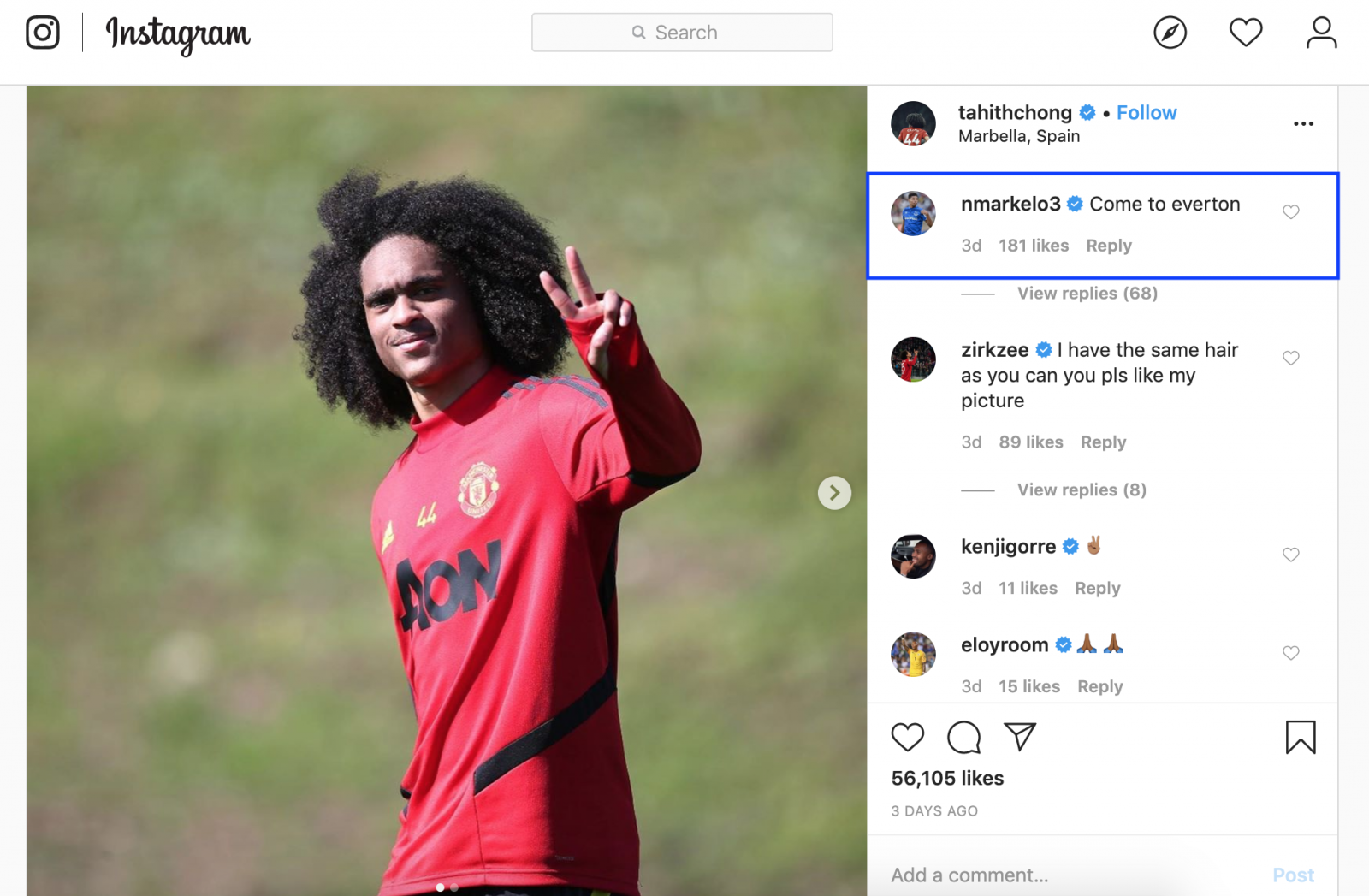 Markelo urges Manchester United's Chong to join Everton on Instagram