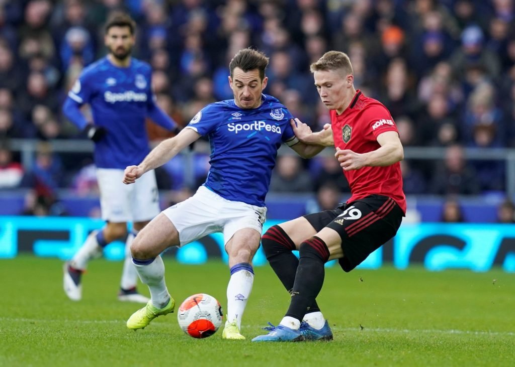 Everton's Leighton Baines in action with Manchester United's Scott McTominay
