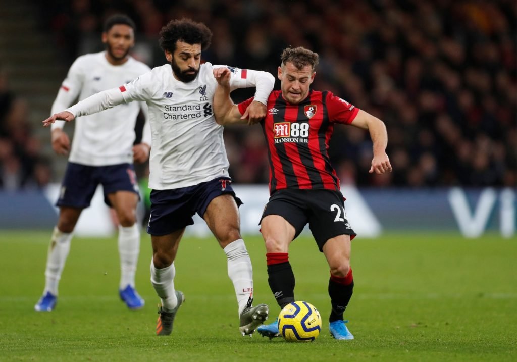 Liverpool's Mohamed Salah in action with Bournemouth's Ryan Fraser