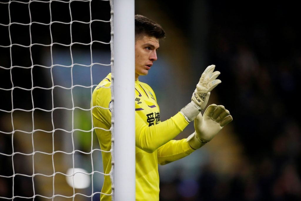 Burnley's Nick Pope gives instructions to his teammates v Manchester United