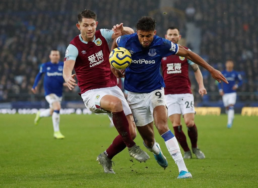Everton's Dominic Calvert-Lewin in action with Burnley's James Tarkowski