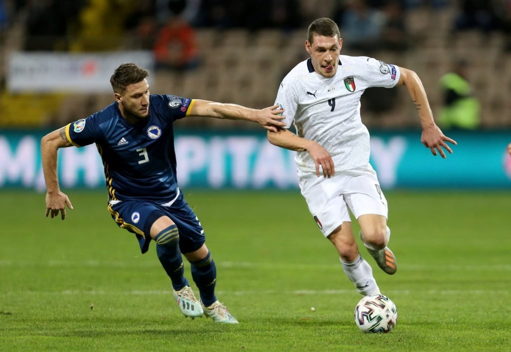Italy's Andrea Belotti in action with Bosnia and Herzegovina's Ermin Bicakcic