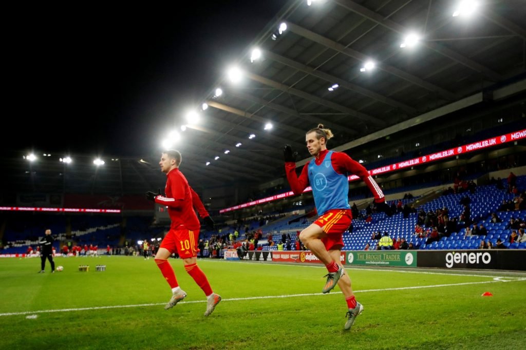 Wales' Gareth Bale and Aaron Ramsey during the warm up before the Euro 2020 Qualifier - Group E v Hungary