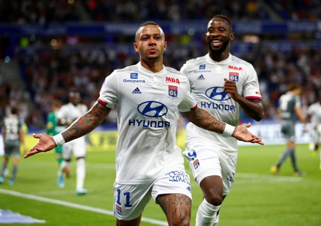 Memphis Depay celebrates scoring for Lyon