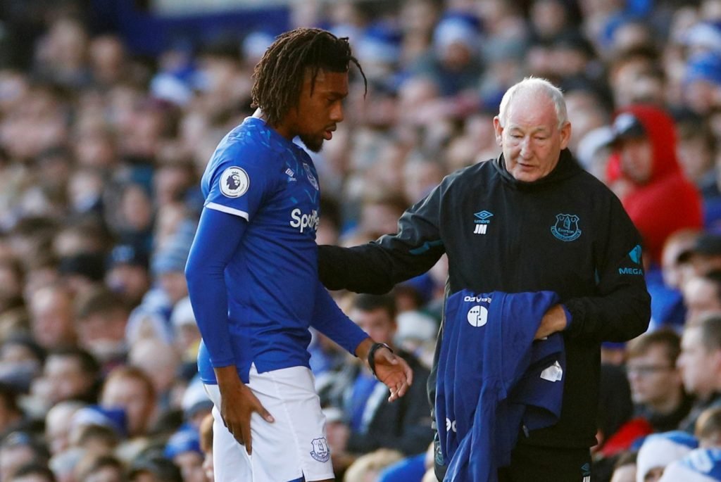Everton's Alex Iwobi leaves the pitch as a substitute after sustaining an injury v Arsenal