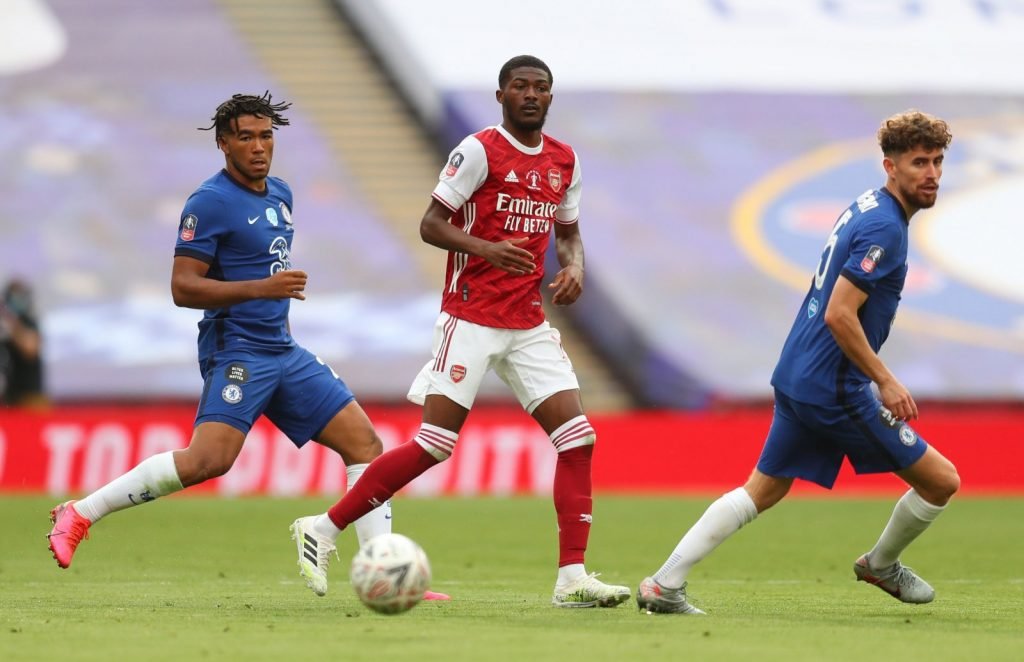 Arsenal's Ainsley Maitland-Niles in action with Chelsea's Reece James and Jorginho