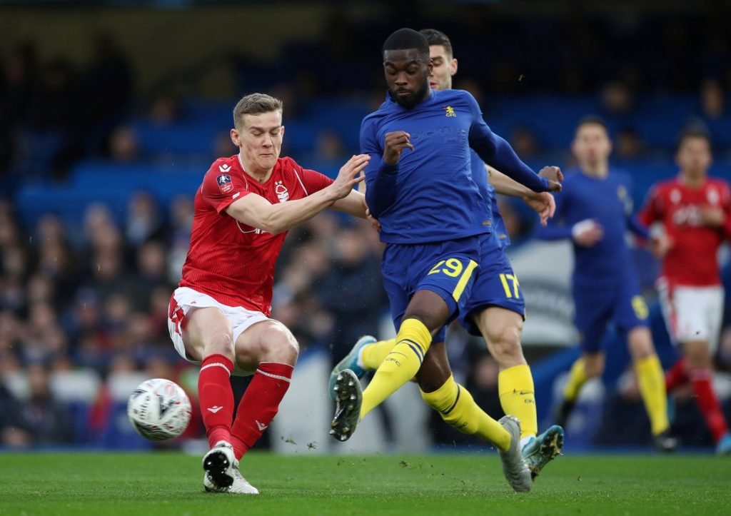 Chelsea's Fikayo Tomori in action with Nottingham Forest's Ryan Yates - FA Cup - Third Round