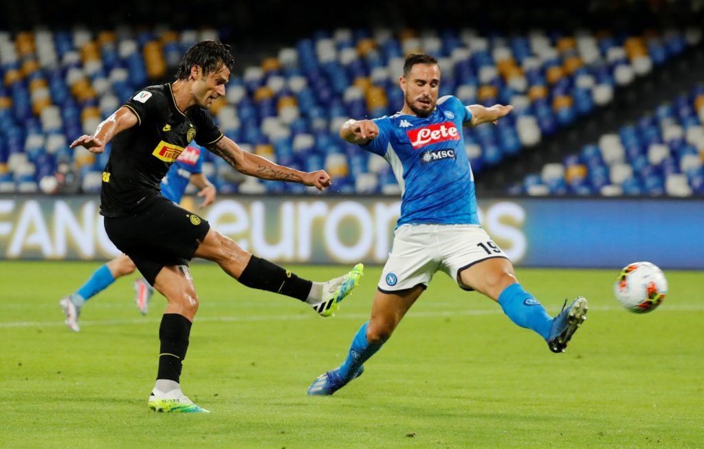 Inter Milan's Antonio Candreva in action with Napoli's Nikola Maksimovic