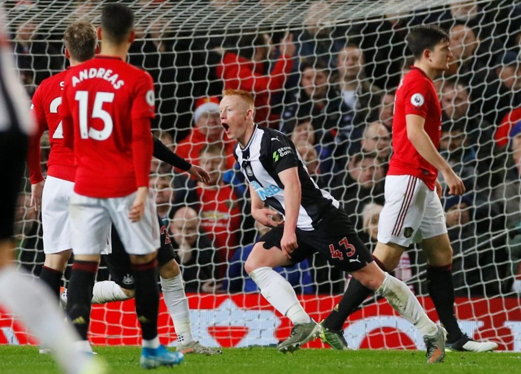 Newcastle United's Matthew Longstaff celebrates scoring their first goal v Manchester United
