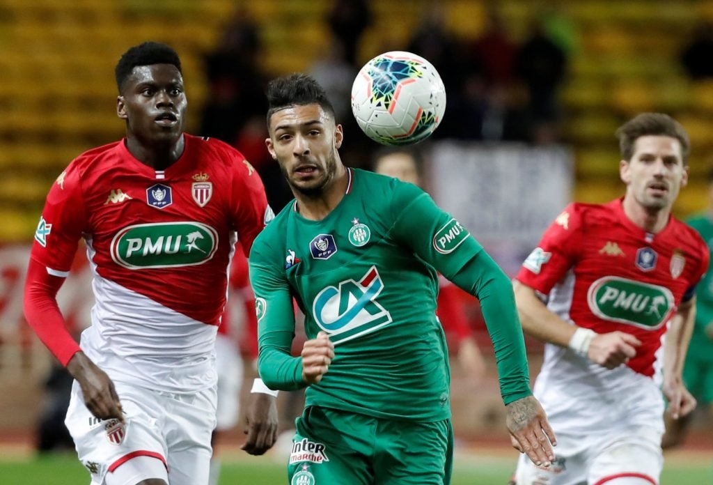 AS Saint Etienne's Denis Bouanga in Coupe de France - Round of 16 action v AS Monaco