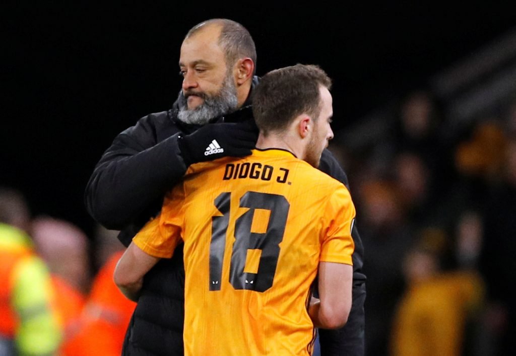 Wolverhampton Wanderers' Diogo Jota with manager Nuno Espirito Santo after being substituted off during Europa League - Round of 32 First Leg v Espanyol