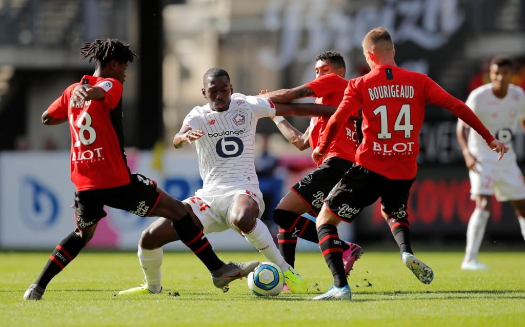 Lille's Boubakary Soumare in action with Stade Rennes' Eduardo Camavinga, Benjamin Bourigeaud and Raphinha