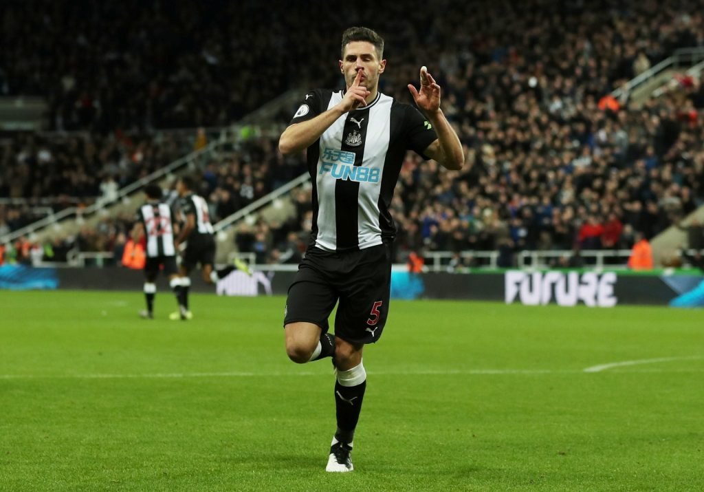 Newcastle United's Fabian Schar celebrates scoring their first goal v Everton