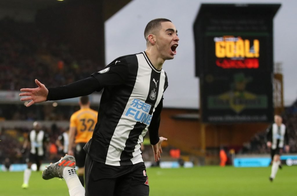 Newcastle United's Miguel Almiron celebrates scoring their first goal v Wolverhampton Wanderers