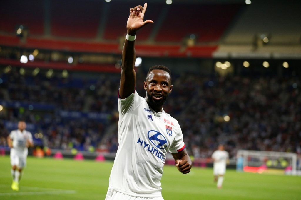 Olympique Lyonnais' Moussa Dembele celebrates scoring their second goal v Angers SCO
