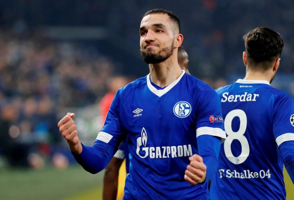 Schalke's Nabil Bentaleb celebrates scoring their second goal vs Manchester City, Champions League R16 2019