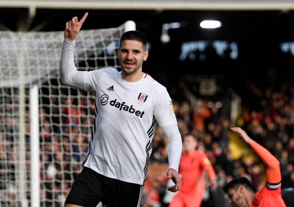 Fulham's Aleksandar Mitrovic celebrates scoring their third goal v Huddersfield Town