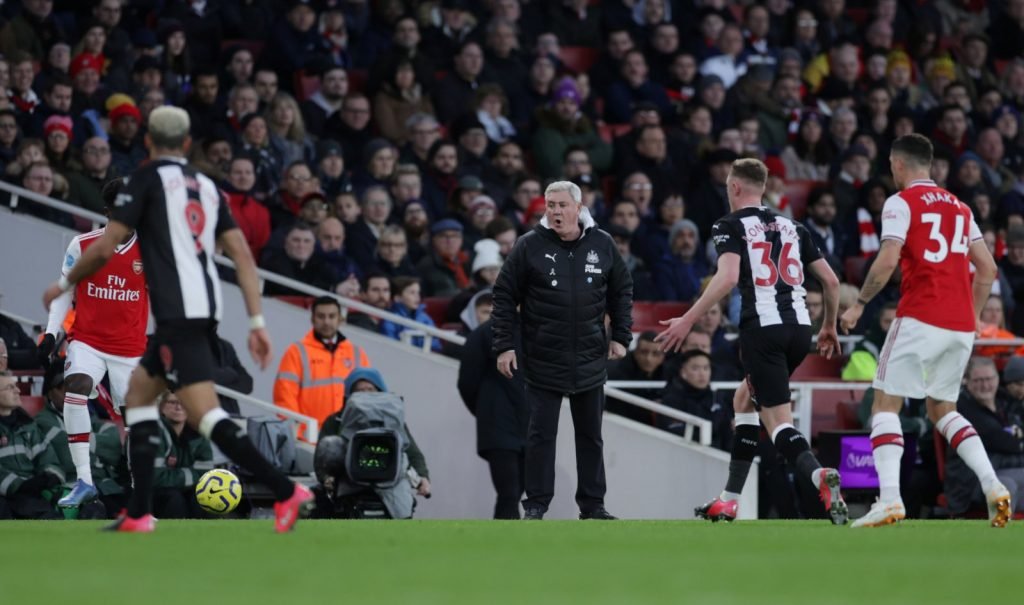Newcastle United manager Steve Bruce reacts on the sideline vs Arsenal