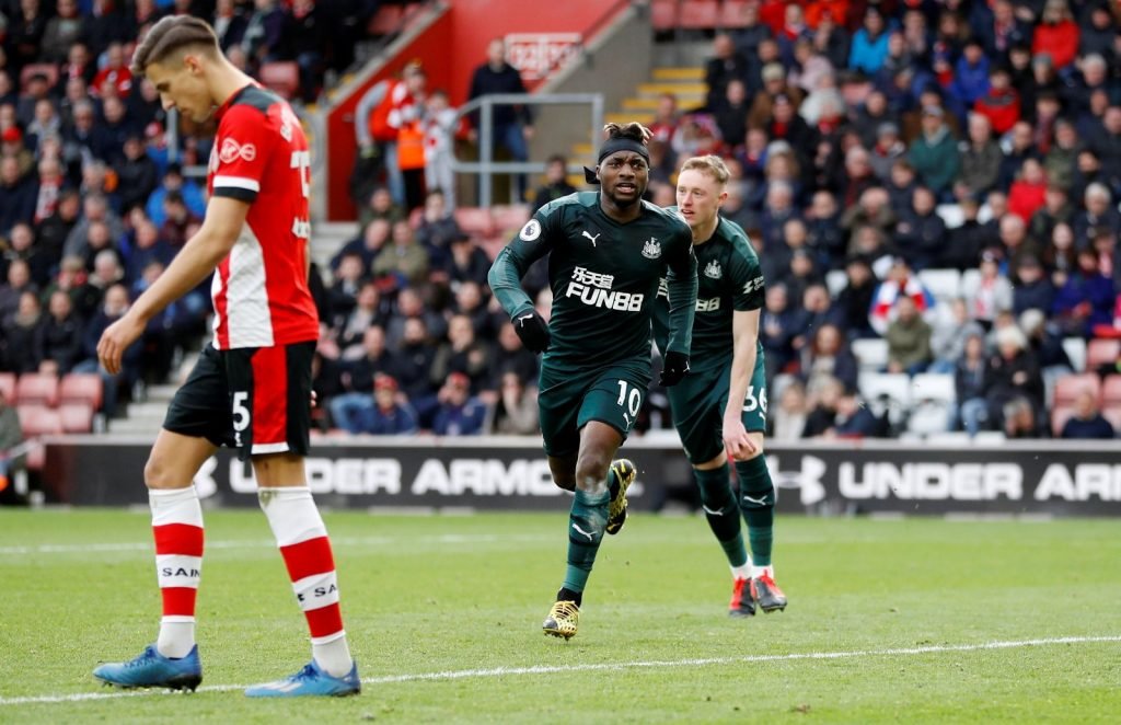 Newcastle United's Allan Saint-Maximin reels off in celebration after scoring their first goal v Southampton