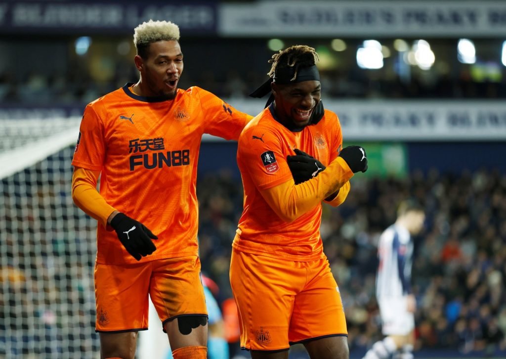 Newcastle United's Joelinton and Allan Saint-Maximin celebrate their Magpies' goal v West Bromwich Albion, FA Cup Fifth Round