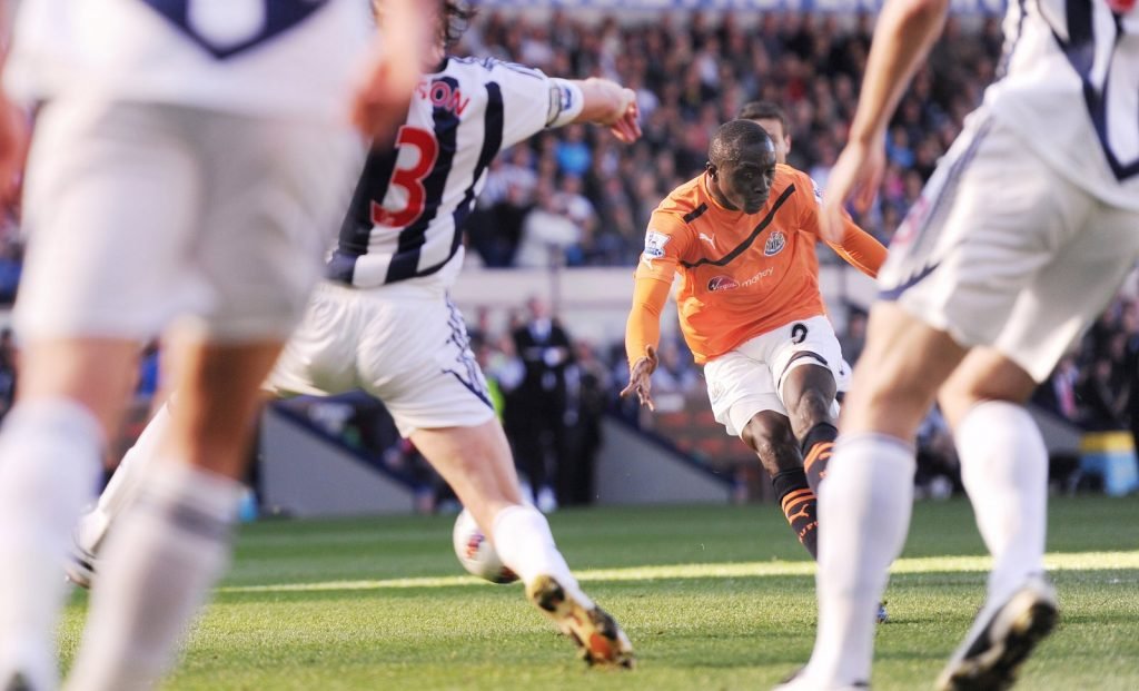 Papiss Cisse scores Newcastle United's third goal v West Bromwich Albion, March 2012