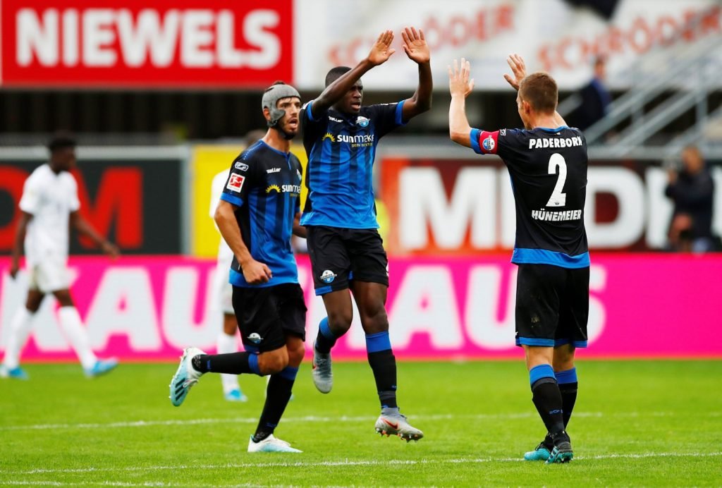 SC Paderborn's Jamilu Collins celebrates scoring their second goal v Bayern Munich