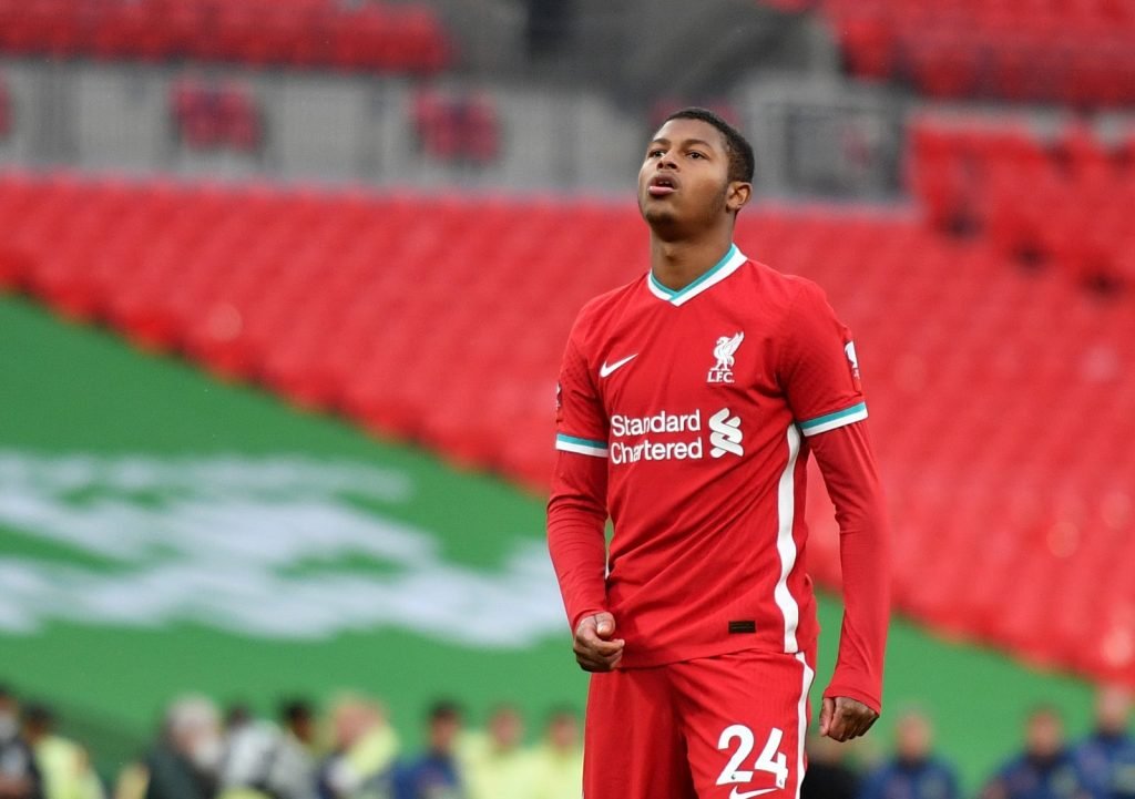 Liverpool's Rhian Brewster looks dejected after he misses a penalty during the FA Community Shield penalty shootout loss to Arsenal