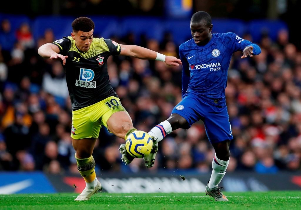 Chelsea's N'Golo Kante in action with Southampton's Che Adams