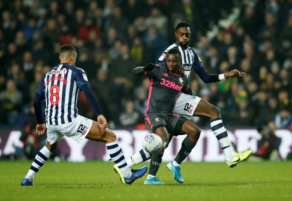 Leeds' Eddie Nketiah in action with West Bromwich Albion's Jake Livermore and Semi Ajayi