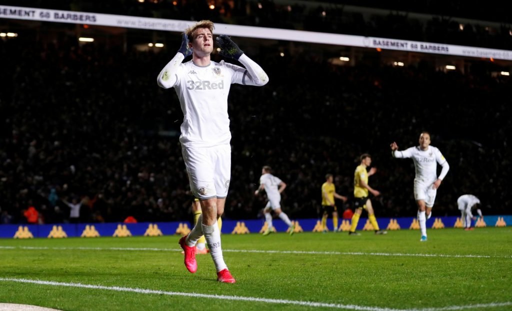 Leeds' Patrick Bamford celebrates scoring their third goal vs Millwall