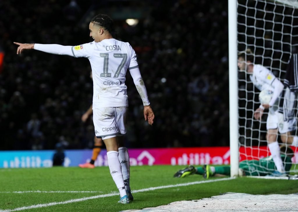 Leeds United's Helder Costa celebrates their first goal which is an own goal scored by Hull City's Jordy De Wijs