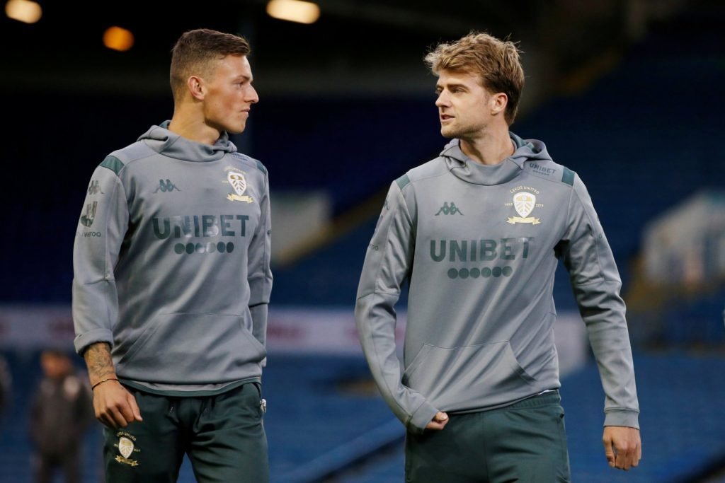Leeds United's Patrick Bamford and Ben White inside Elland Road before the West Bromwich Albion match