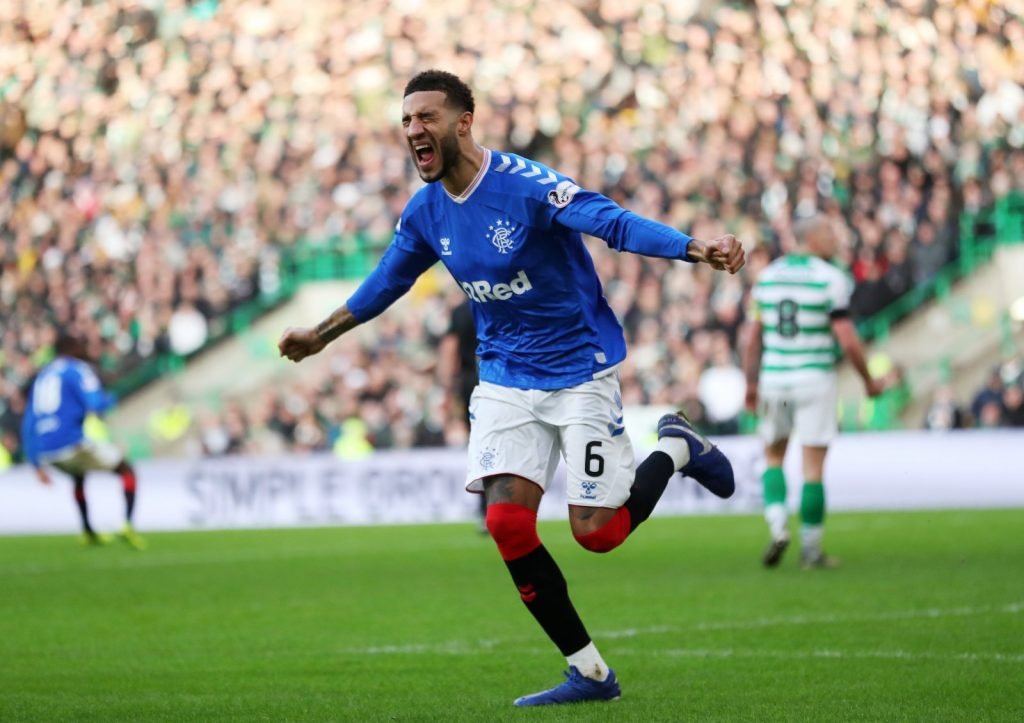 Rangers' Connor Goldson celebrates their second goal v Celtic, scored by Nikola Katic