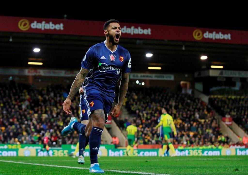 Watford's Andre Gray celebrates scoring their second goal v Norwich City