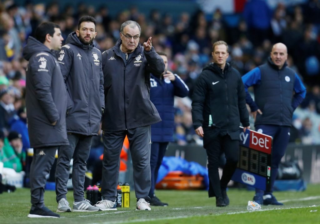 Leeds United head coach Marcelo Bielsa gestures on the sideline vs Wigan Athletic