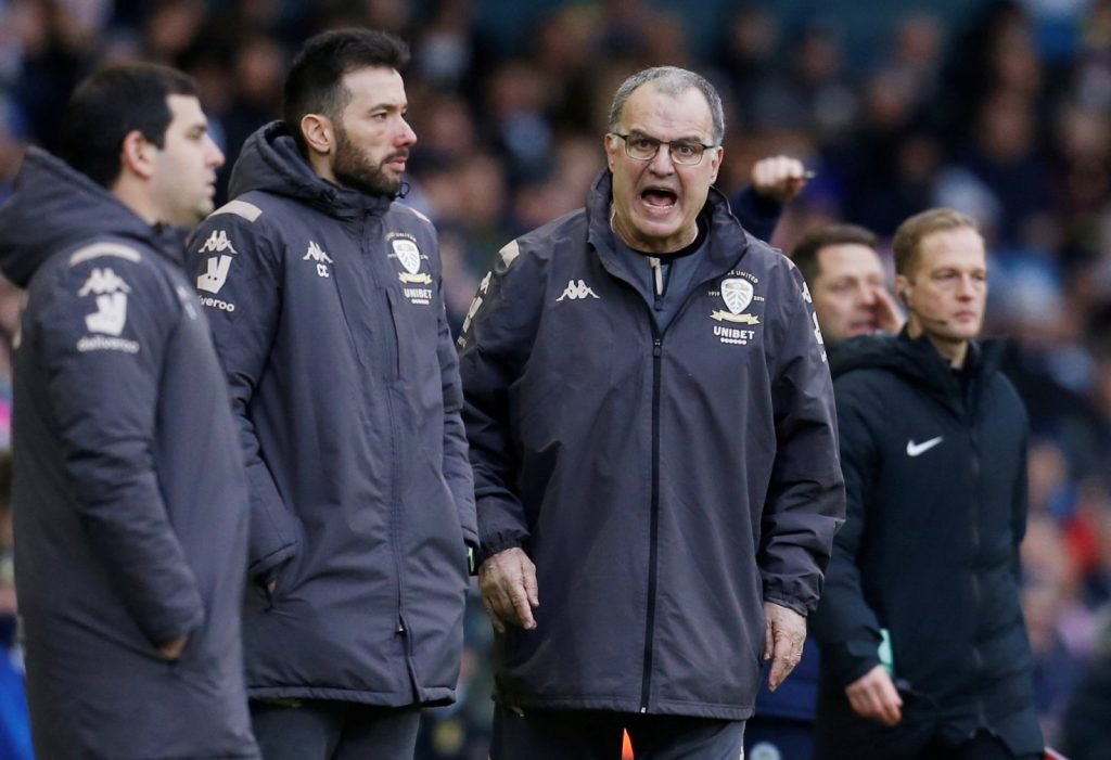 Leeds United head coach Marcelo Bielsa reacts vs Wigan Athletic