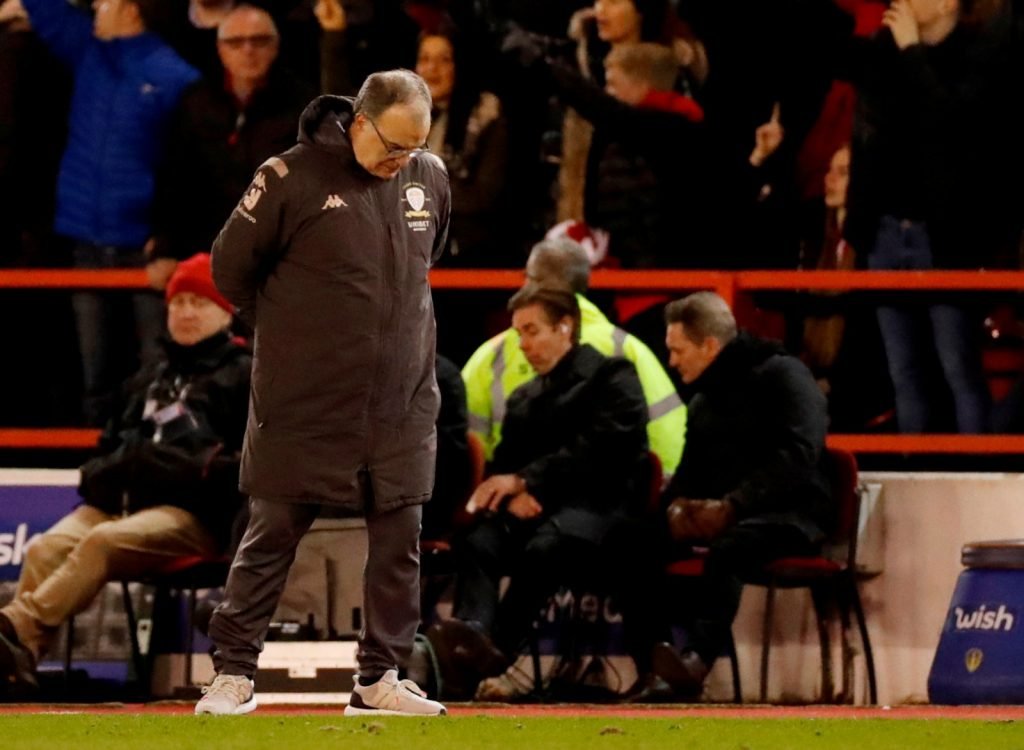 Leeds United manager Marcelo Bielsa looks dejected after Nottingham Forest's Sammy Ameobi scores their first goal
