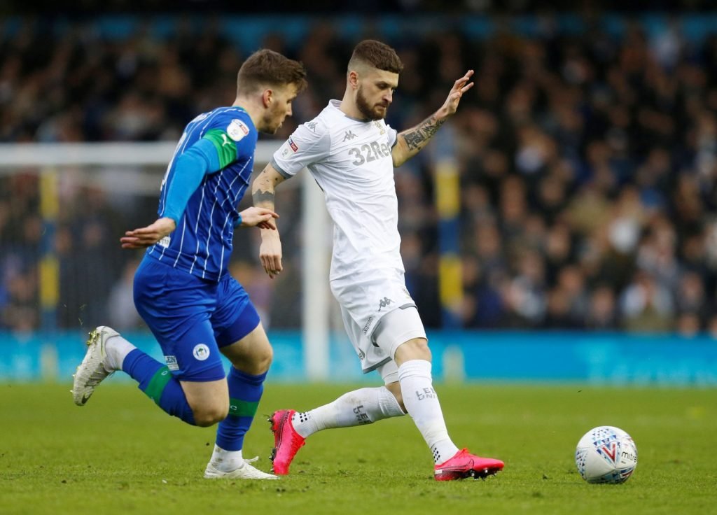 Leeds United's Mateusz Klich in action v Wigan Athletic