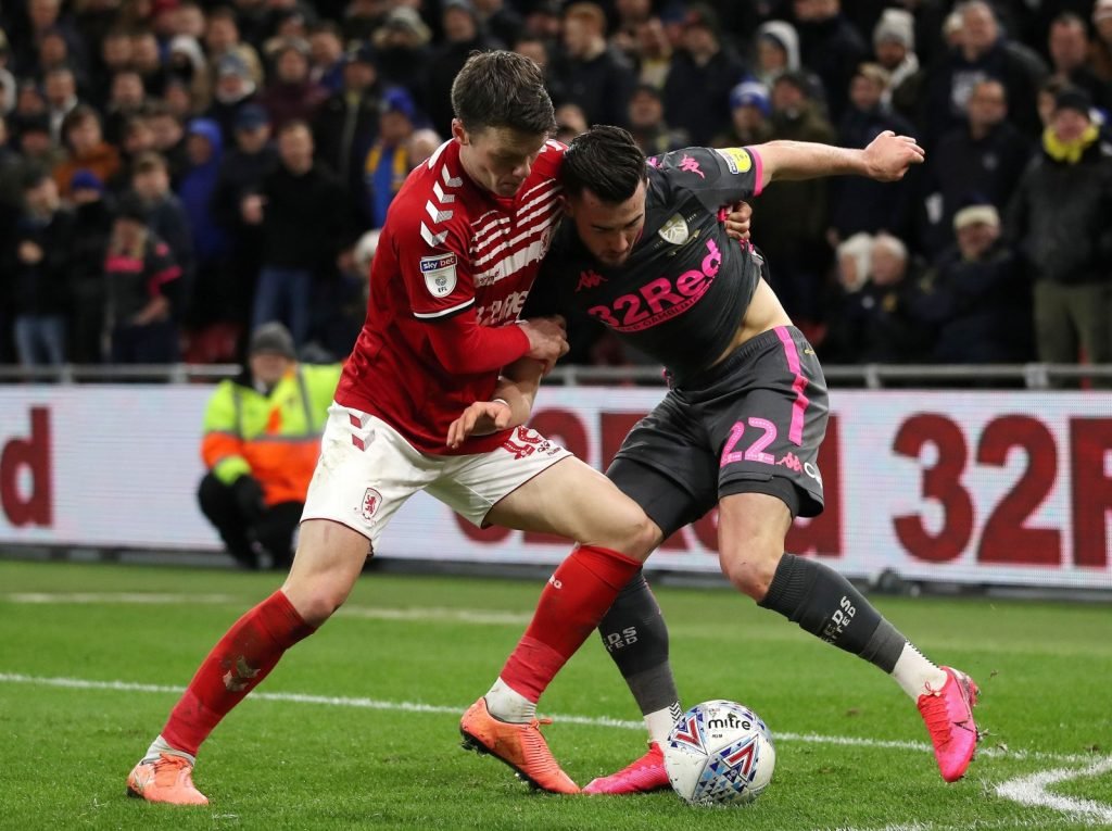 Middlesbrough's Jonny Howson in action with Leeds United's Jack Harrison