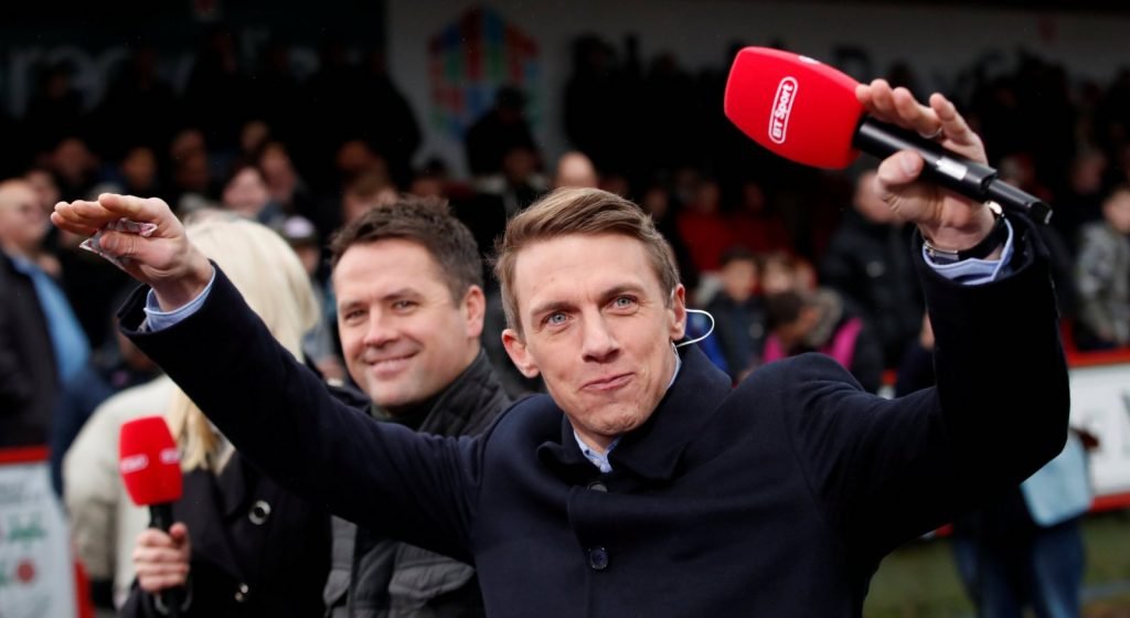 BT Sport presenters Stephen Warnock and Michael Owen before the FA Cup Fourth Round tie between Accrington Stanley v Derby County