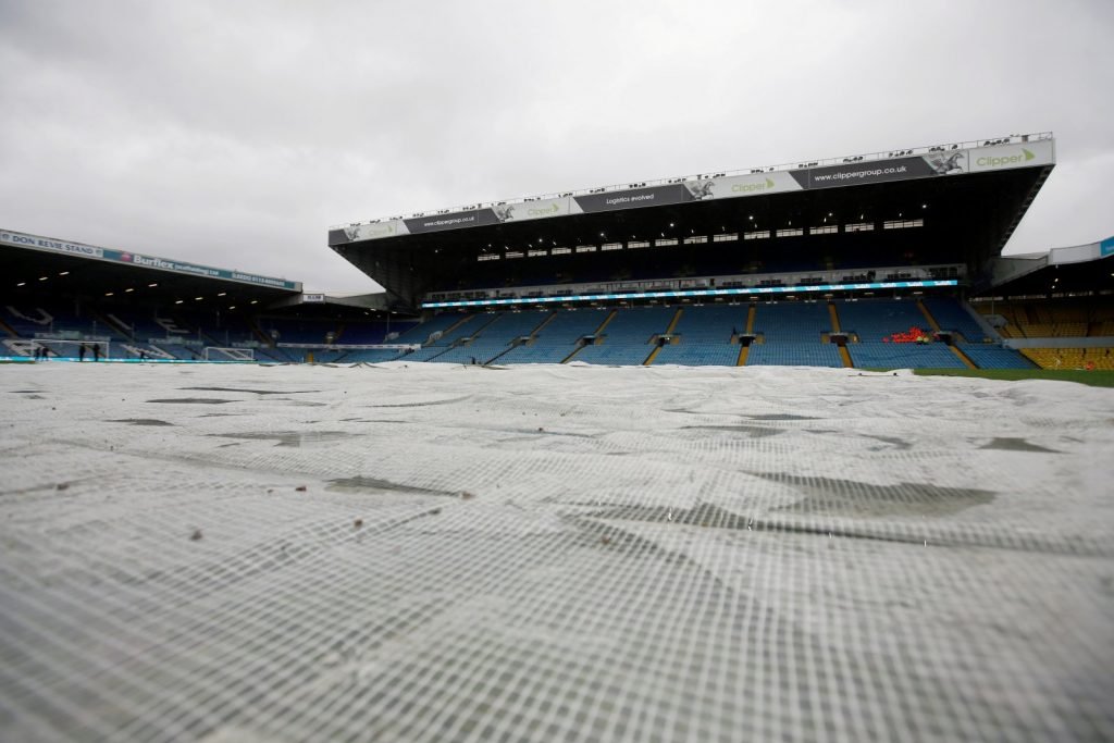 General view of covers to protect the pitch at Elland Road from Storm Dennis before the Bristol City match